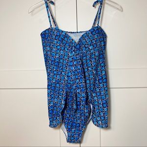 Island Pearls Tank Bathing Suit with Drape Overlay Blue Geometric Pattern